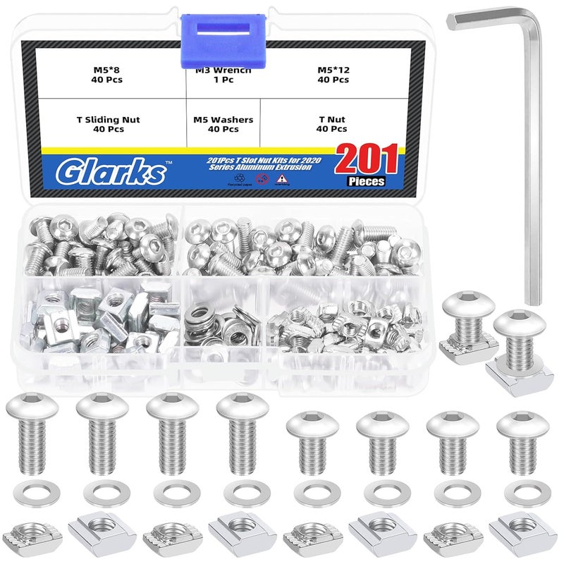 Glarks 201pcs M5 T Slot Nut and Button Head Socket Cap Screw Kit for 2020 Series Aluminum Extrusion, 40pcs 2020 Series T Nut and 40pcs T Sliding Nut, 80pcs Hexagon Socket Screw with 40pcs Flat Washers - Image 1